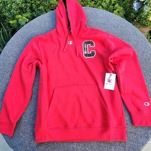 Champion Red Hoodie with Plaid 'C' Chest Patch